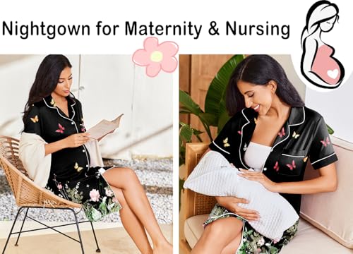 Image of Ekouaer Nightgowns for Women Button Down Sleepshirt Short Sleeve Nightshirt Boyfriend Pajamas V Neck Nightdress S-XXXL