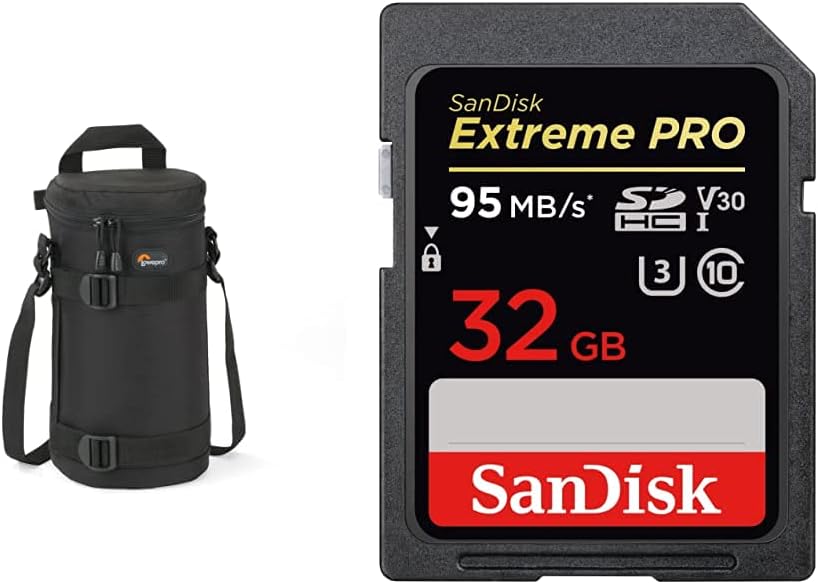 Lowepro LP36306-PWW, 11 x 26cm Lens Case with Detachable Shoulder Strap, Fits Power Zoom Lens, Lightweight, Compact Size, Black & SanDisk Extreme PRO 32GB SDHC Memory Card up to 95MB/s