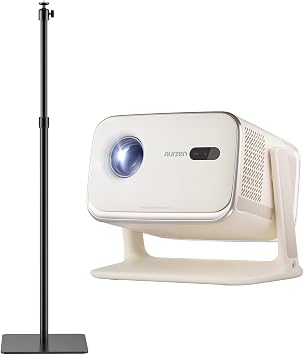 Aurzen BOOM mini Smart Projector Bundle with Adjustable 17.343.3 in Height Projector Stand, 20W Dolby Audio, Real-Time Focus, 4K Supported Smart Portable Home Theater Projector Outdoor, Off-white