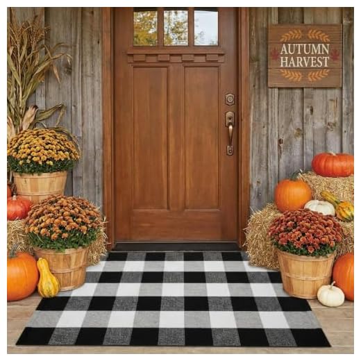 SEEKSEE Cotton Buffalo Plaid Rug 27.5"x43" Black and White Checked Rug Washable Doormats Indoor Outdoor Rugs for Layered Front Door Mats, Porch, Kitchen, Farmhouse, Entryway