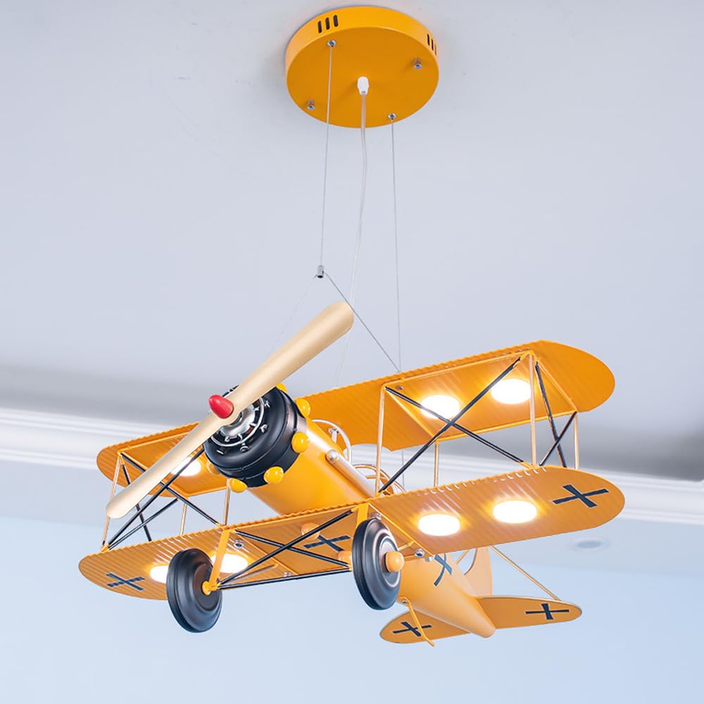 Abinlina Boys Yellow Vintage Airplane Dimmable Led Ceiling Pendant Light For Kids' Bedroom - Industrial Helicopter Design(Yellow)