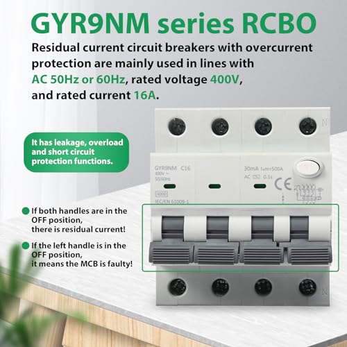 Fehlerstromschutzschalter Fi Schutzschalter 16A 30MA 3P+N Fi Schalter RCBO 6KA MCB Fehlerstrom Schutzschalter AC 400V mit Ableitstromschutz Überlast und Kurzschlussschutz, DIN Schienenmontage.
