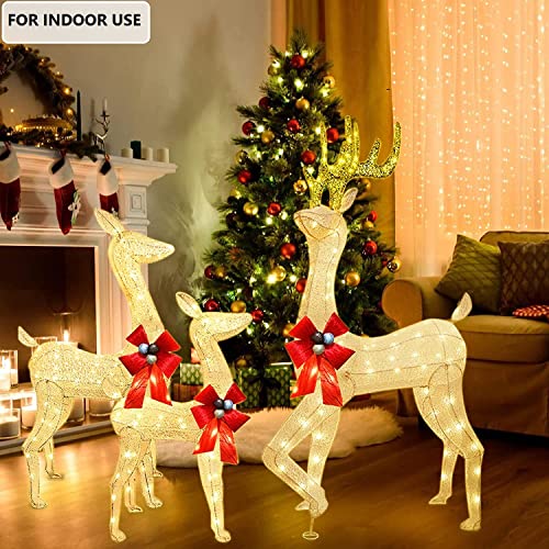 (Super Large Size) 3-Piece Reindeer Christmas Decorations Outdoor Indoor, Lighted Led Christmas Deer Family Set With 230 Leds, Pre-Lit Buck, Doe And Fawn With Stakes, Zip Ties For Home Yard Lawn Xmas #TOP4