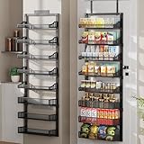 POKIPO 8-Tier Over the Door Pantry Organizer, Large Metal Door Spice Rack with Adjustable Basket, 2 in 1 Wall Mount or Hanging Heavy-Duty Pantry Door Storage Shelf for Kitchen and Bathroom, Black