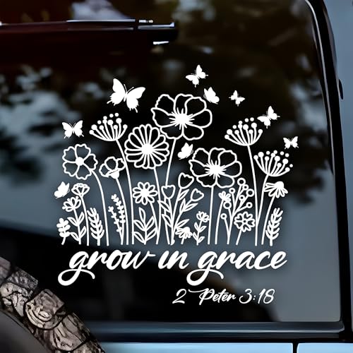Image of Grow in Grace Peter 3:18 Car Decal Bible Catholic Sticker Floral Christian Decal for Car Window Bumper Truck Inspirational Decals Vinyl Waterproof 6 Inches Car Accessories Stickers Gift for Mom Dad