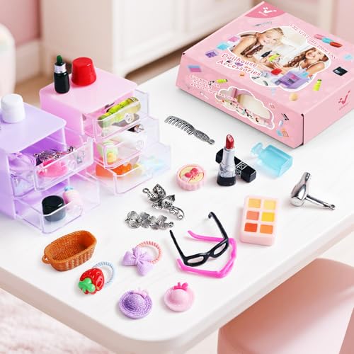 76pcs Miniature Dollhouse Accessories,Dollhouse Bathroom Set with Makeup Set Towel Toothbrush Shampoo Toiletries Set,Miniature Stuff Jewelry Storage Case Perfume Shoes Backpack for Girl Micro Scene