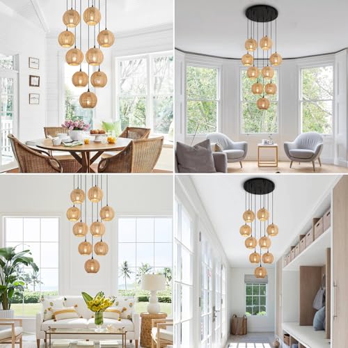 Image of Round 9 Light Boho Pendant Light Rattan Hanging Lamp | Hand Woven Wicker Small Chandelier Hanging Lights Fixture for Bedroom Kitchen Hallway Foyer