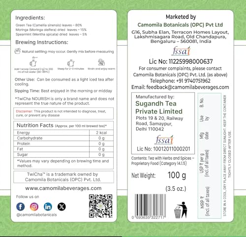 Image of TwiCha NOURISH Moringa & Spearmint Green Tea | 100g | Wth Fully Declared Ingredients | Crafted For Natural Energy And Vitality | 100g Tin (50 Cups)
