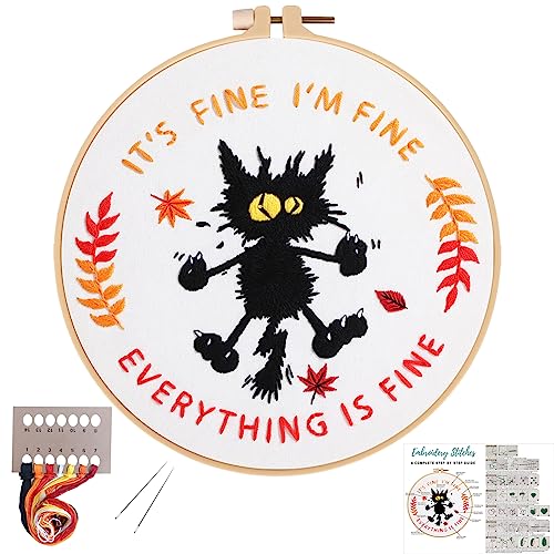 Image of Louise Maelys Everything is Fine Embroidery Kit for Beginners Cat DIY | Cross Stitch Kits Include Pre-Printed Fabric, Embroidery Hoop, Threads, Needles and Guide. Needlepoint Kit for Adults