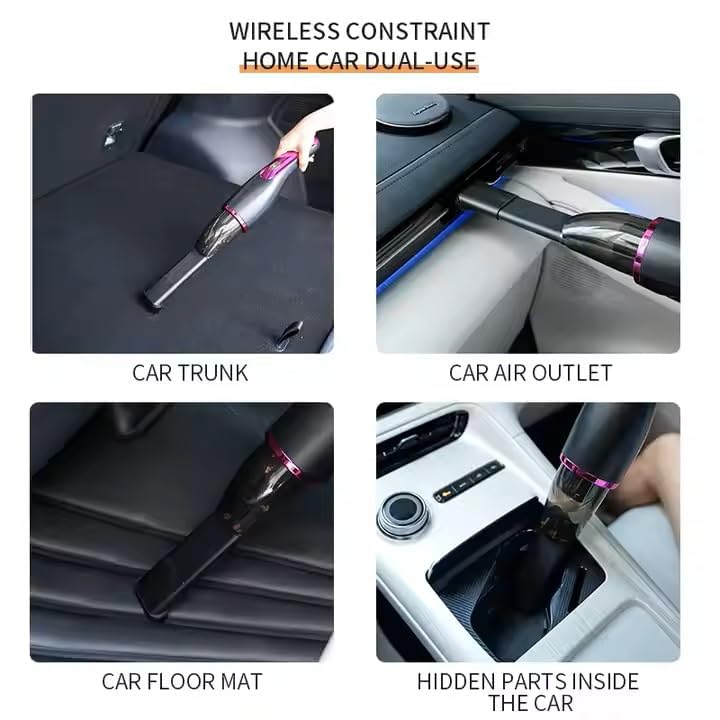 Dratal DT-407 vacuum cleaner being used in various car cleaning scenarios