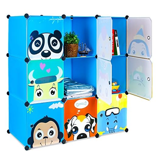 BAMNY Armario Modular Infantil Estantería Portátil para Guardar Ropa, Zapatos, Juguetes o Libros Organizador con Puertas y Perchas Decorados con Dibujos Animados (9 cubos, azul)