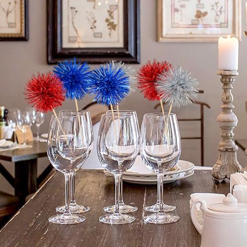 15 Pack Foil Firework Cupcake Toppers Party Birthday Cake Toppers Supplies Sparkle Tinsel Cocktail Fruit Toothpick for Birthday Wedding Graduation Party Red+Blue+Sliver