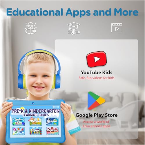 Image of Contixo 10 inch Android Kids Tablet Bundle - 32GB, Epic! & Lingokids Educational Apps, Parental Controls, Kid-Proof Case w /Kickstand & Stylus, Headphones & Sleeve Bag - Blue