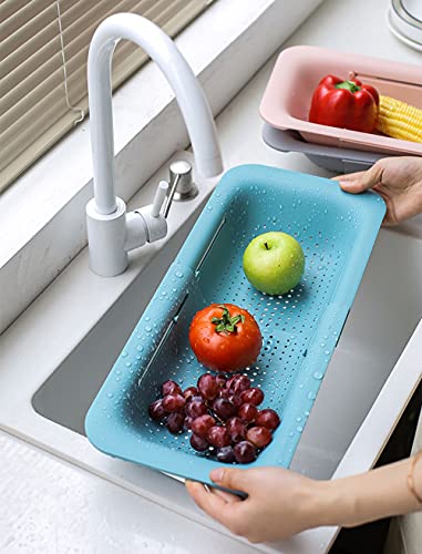 Image of Sink Colanders and Strainers Basket Retractable Plastic Fruit Vegetable Strainer Drainer Basket for Kitchen (Length 14.3 inch-19.4 inch) (Green)