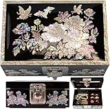 Design pivoine et papillon : symbolisant la prospérité, la beauté et la joie, l'incrustation complexe en nacre apporte une élégance intemporelle à la surface laquée noire brillante.