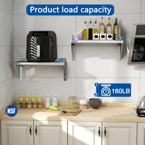 Image of HARDURA 2 Pack Stainless Steel Shelf 12 inch X 24 inch, 160LB Commercial Wall Mount Metal Shelving with Backsplash and Brackets for Kitchen, Restaurant, Laundry Room and Home