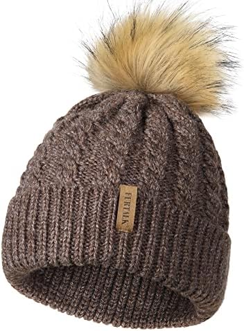 FURTALK Womens Cable Knit Bobble Hat Winter Thermal Thick Cotton Lined Beanie Hats with Detachable Pom Pom
