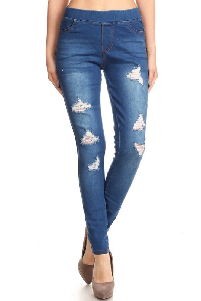 JviniWomen's Ripped Destroyed Skinny Jeans & Jeggings Pull-On Elastic Waist Stretch Denim Pants Regular-Plus Size