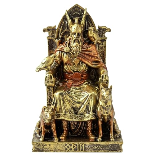 RattanView 3 1/2 Inches Norse God All Father Odin Sitting on Throne Figurine with Ravens and Wolves Miniature Resin Statue Handpainted Bronze Finish Viking Decor for Home Pagan Altar