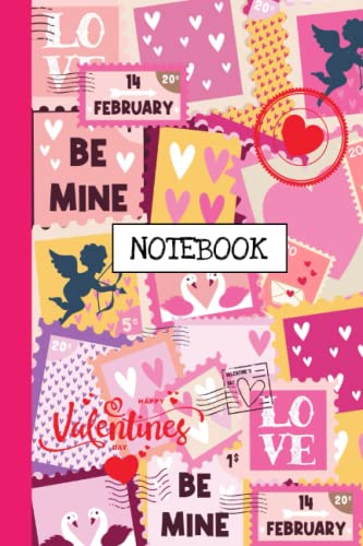  Notebook, love stamps: Composition book with valentine theme design on the cover, college ruled lines with a field.