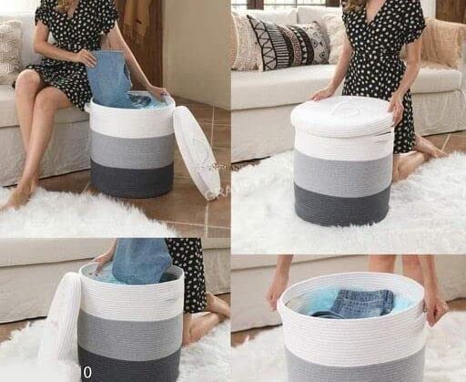 Image of GRATIFY boho Storage Organizer Foldable Wardrobe Cotton Mini Rope Laundry Basket Cloth Storage Box Baby Bucket Hamper New Born for Kitchen,Office Set,Room,planters,Dirty Clothes (Black Grey white)