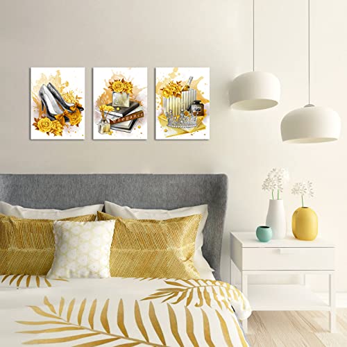 Visual Art Decor Yellow Glam Fashion Picture Wall Art Books High Heel Shoes Books Perfume Pearl Queen Crown Poster Canvas Prints For Modern Home Office Woman Girl Makeup Bedroom Wall Decoration Creative Design Gift #TOP2