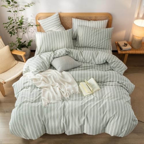 Image of BESTOUCH Striped Cotton Duvet Cover Set Linen Feel Twin | 100% Washed Cotton, Soft Wrinkle Texture, Hidden Zipper, 8 Ties, Breathable Lightweight Durable Comfy, 2 Pcs No Insert