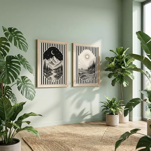 Image of NoWorries Framed Black and White Wall Art Set of 2, Vintage Mountain Moon and Coastal Ocean Landscape Prints, Boho Nature Decor, Scandinavian Minimalist Artwork for Bedroom, Hallway and Office (Art-17, 10x13inch)