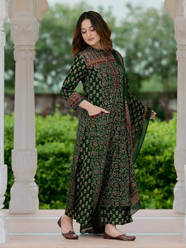Image of Arayna Women's Cotton Printed Kurta Set with Palazzo Pants and Dupatta | Ethnic Straight Kurta