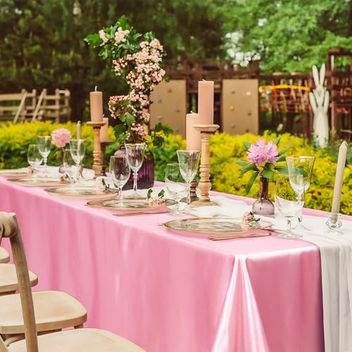 Image of TURSTIN 1 Pack Pink Satin Tablecloth 102 x 58 Inch Overlay Satin Table Cover Rectangle Bright Silk Tablecloth Smooth Fabric Table Decoration for Wedding Banquet Party Events
