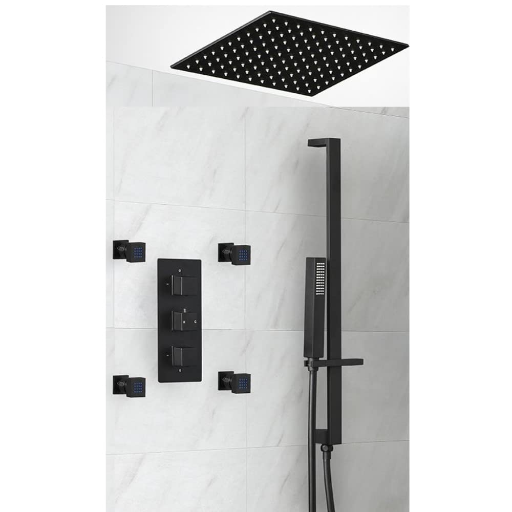 Milano Black Preto Thermostatic Mixer Valve 400Mm Square Shower Head Handset Riser Rail Body Jets