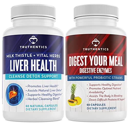 Truthentics Liver Health + Digestive Enzymes Bundle - Support For Liver Cleanse Detox, Digestion, Nutrient Absorption, Occasional Gas & Bloating - 60 Capsules Each #TOP27