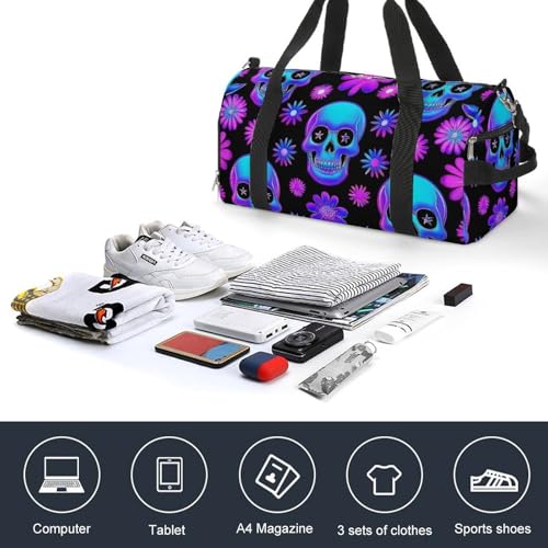 Men's Large Sport Duffle Bag Travel Weekender Bags Beach Overnight Luggage Bag Neon Purple Flowers Floral Skull4