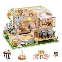 DIY Cat Cafe Miniatur Puppenhaus Kit mit LED-Licht, 1:24 Maßstab handgemachte Katze Kaffee Garten Puppenhaus, kreative Geburtstagsgeschenk für Teenager Kind (Katzen-Café Puppenhaus)