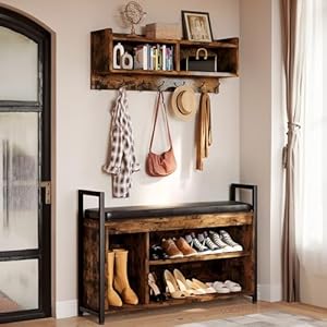 YITAHOME Hall Tree Shoe Bench with Storage, 5 in 1 Entryway Coat Rack with Shoe Bench Set, Coat Rack Wall Mount with Shoe Storage, 3 Cubbies Shelf for Entryway Bedroom Hallway, Rustic Brown YITAHOME Hall Tree Shoe Bench with Storage 5 in 1 Entryway Coat Rack with Shoe Bench Set Coat Rack Wall Mount with Shoe Storage 3 Cubbies Shelf for Entryway Bedroom Hallway Rustic Brown