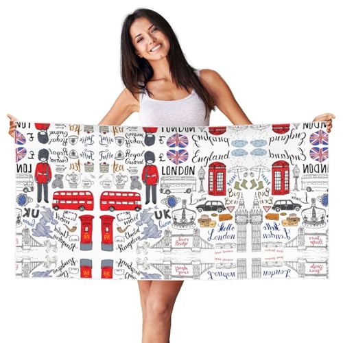 I Love London Bedrucktes übergroßes Strandtuch, leichtes Badetuch, Badetuch, Pfirsichhaut-Samt, schnell trocknende Handtücher
