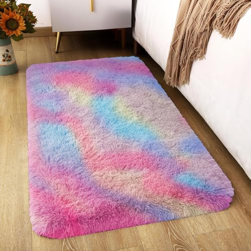 BedLooms Rugs Living Room Small 50x80 CM – Rainbow Area Rugs for Bedroom Anti Slip – Modern Super Soft Plush Carpets Fluffy Shaggy Rug for Lounge, Dining Room – Non Shedding Bedside Rug for Kids Room
