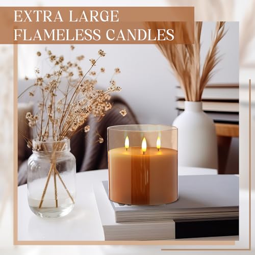 Image of Retisee 6'' x 6'' Extra Large Flameless Candles, 3 Wick Glass Large Fall Candles with Remote Control and Timer Function, Real Wax LED Pillar Flickering for Autumn Party Decor(Classic,Gold,1 Pcs)