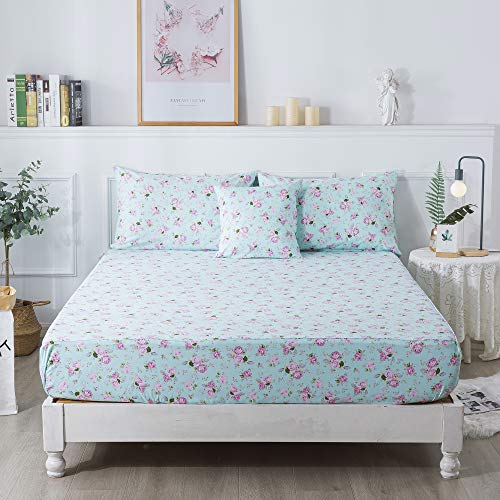 Fadfay Romantic Rose Floral Sheets Set Twin Xl Shabby Blue And Pink Girls Floral Bedding Elegant Vintage Farmhouse Bedding 100% Cotton Soft Deep Pocket Fitted Sheet 4Pcs, Twin Xl Size For Dorm Room #TOP3