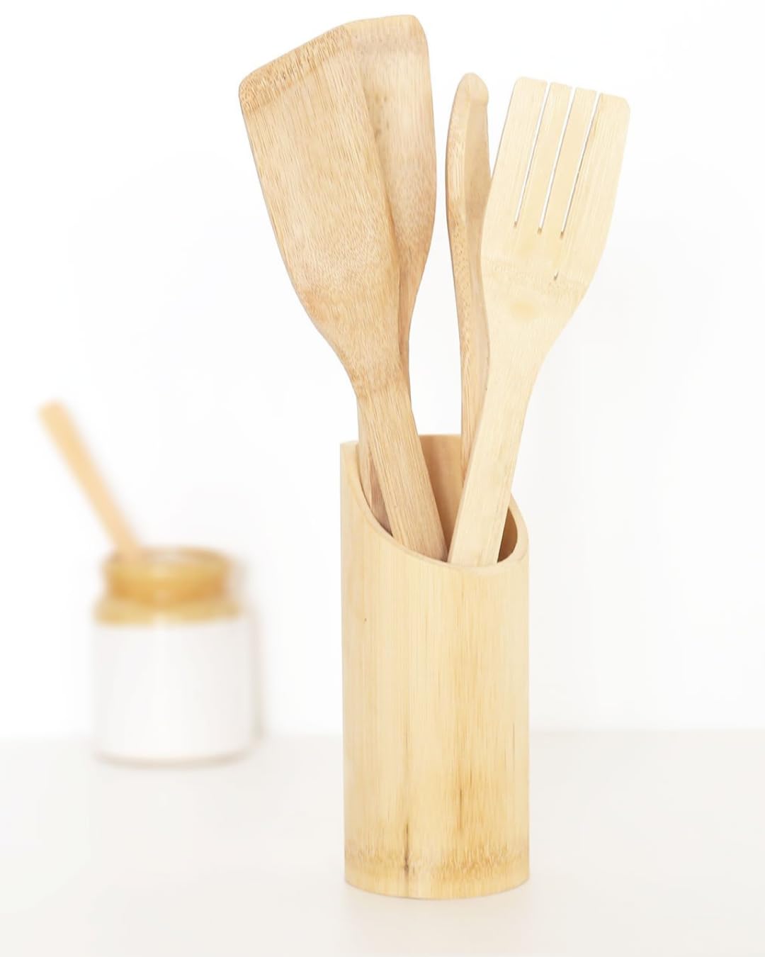 DAISYLIFE™ [Set of 4 +1] Bamboo Cooking Utensils | Non-Stick Wooden Spoons, Ladles & Turners | Bamboo Wood Kitchen Accessories for Cooking, Serving, Mixing