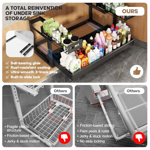 Image of 1 Pack-19 inch-32 inchW Expandable Under Sink Organizer With Upgrade Ball-Bearing Slide,2-Tier Pull Out Under Cabinet Organizer Height Adjustable,Not Suitable For Cabinets With Partitions In The Middle