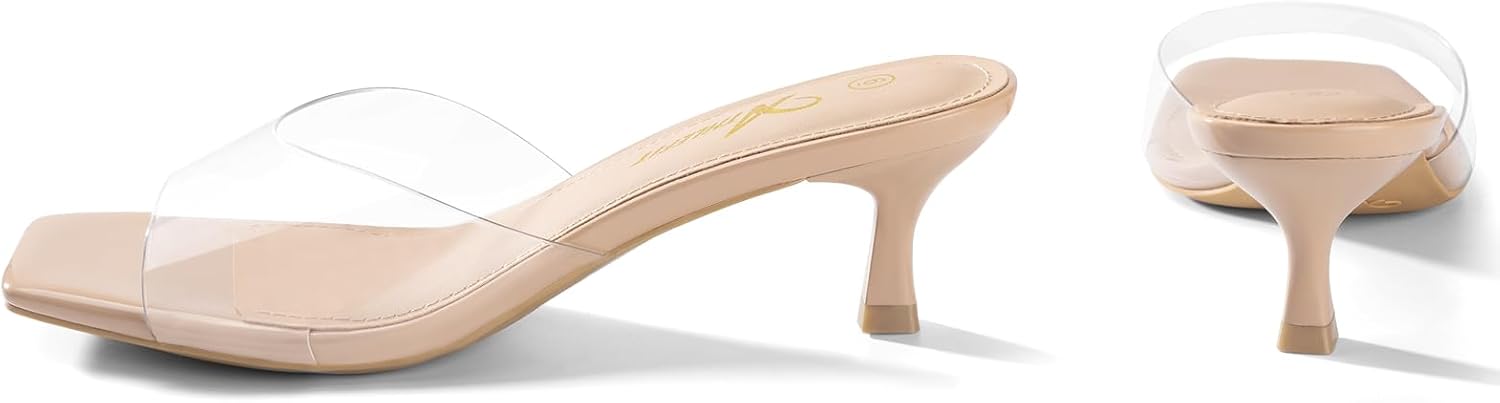 Athlefit Kitten Heels for Women Heeled Sandals Square Open Toe Low Heels Comfortable Slip On Slides - Image 5