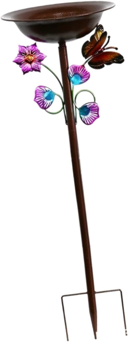 Freestanding Bird Bath Bowl Water Bowl Butterfly Flower Decorative with Prong Base Feeder Tray for Porch Outdoor Garden Yard- Colorful