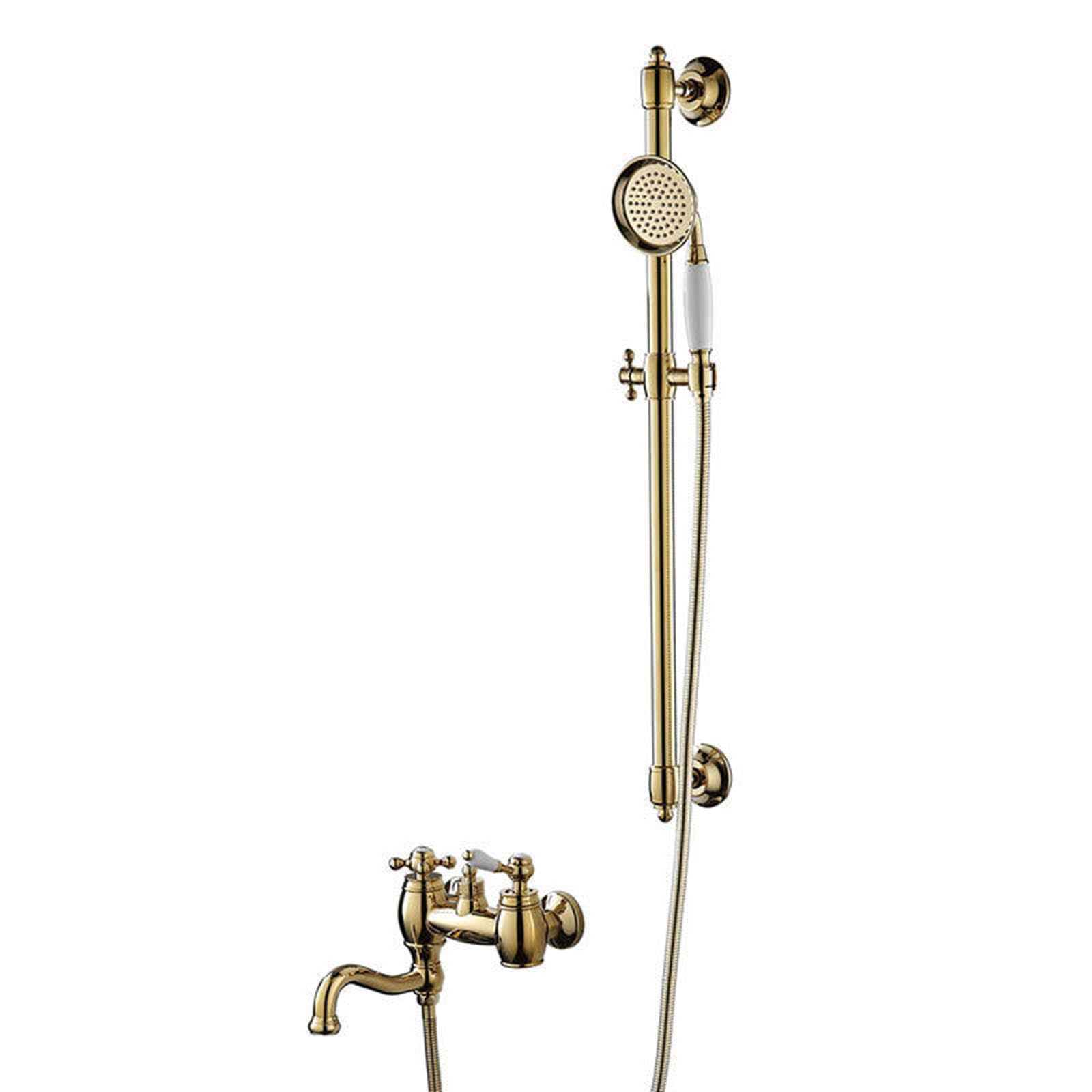 Robinet de douche mural rétro doré avec barre réglable et double poignée