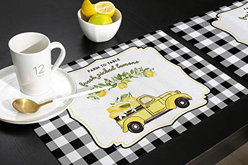 Set Of 6 Placemats For Dining Table Summer Farm Fresh Lemon Truck With Lemons On Black And White Checked Heat-Resistant Place Mat Washable Durable Lemon Kitchen Decor Table Mats #TOP4