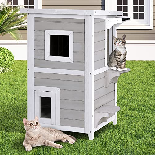 Tangkula Outdoor Cat House Wooden, 2-Story Outside Cat Shelter Condo Enclosure With Escape Door, Openable Asphalt Roof, Jumping Platform, Weatherproof Cat Houses For Feral Cats #TOP1