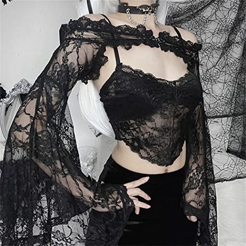 Image of Goth Lace Sheer Bolero Shrugs For Evening Dresses Gothic Floral Bell Sleeve Renaissance Bolero Cardigans Crop Top
