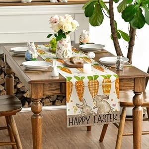 Artoid Mode Carrot Bunny Rabbit Happy Easter Table RunnerSeasonal Spring Flowers Kitchen Dining Table Runner for Home Party Decor 13×72 Inch
