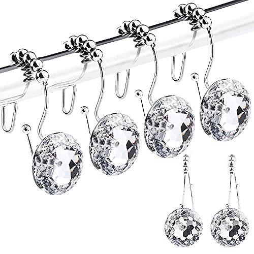 Rhinestone Decorative Shower Curtain Hooks Diamond Shape Shower Rings/Round Acrylic Decorative Stainless Steel Rust Resistant Double Hooks Glide Hangs Bling Rolling Bathroom Bath - Clear #TOP6