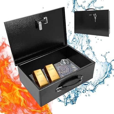 YIYITOOLS Fireproof Lock Box for Documents,Fire Resistant Safe Fire Safe Box with Dual Combination and Key Lock Document Box with Carrying Handle for Personal Items Jewelry Money, Black Cover